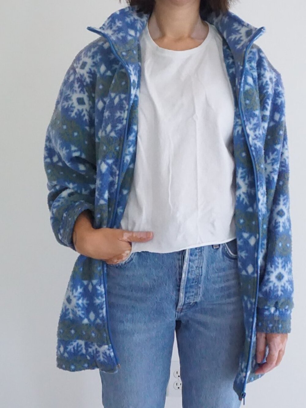 Vintage Haband Blue Snowflake Nordic Fair Isle High Ski Lodge Fleece Cardigan M
